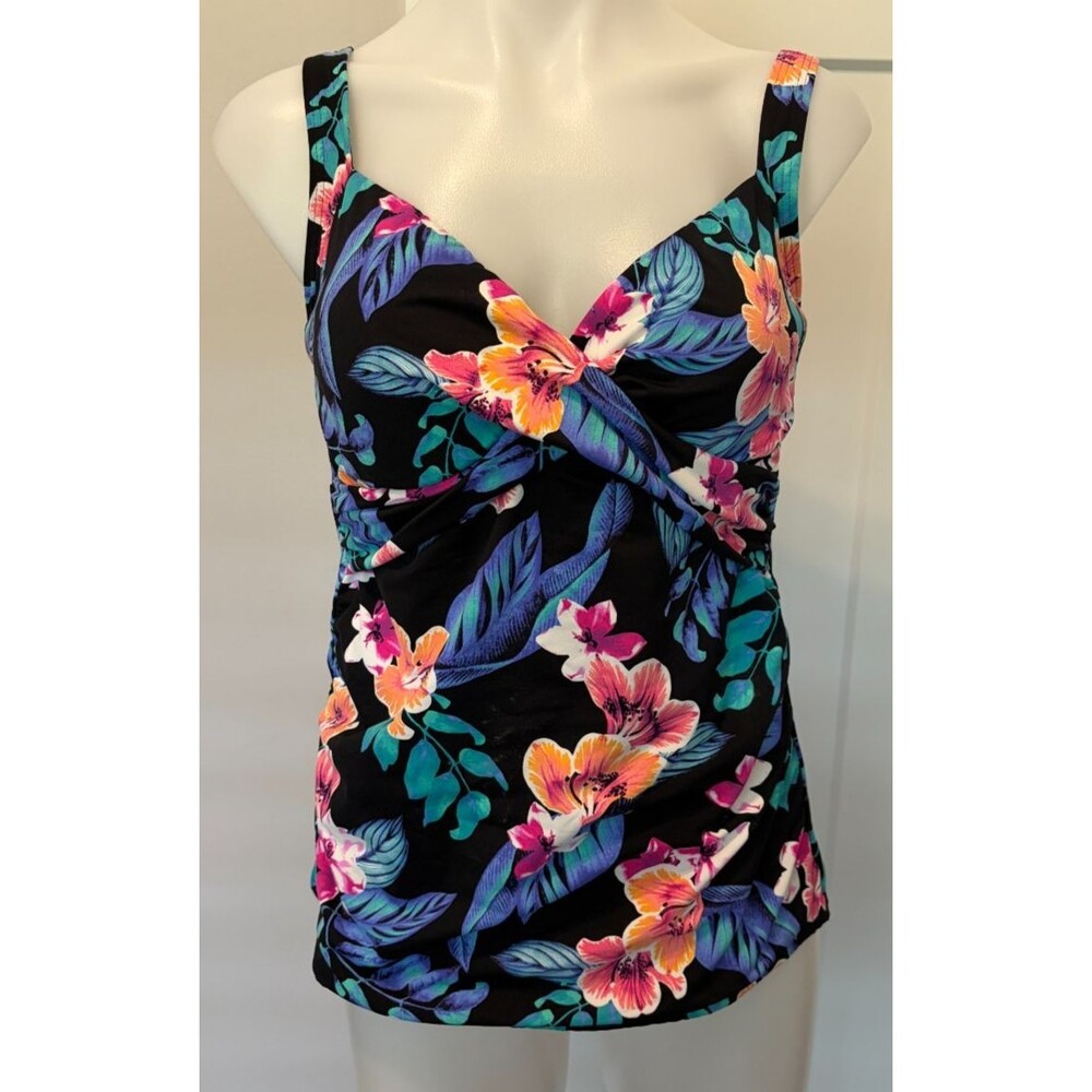 LANDS END Womens SWIM TOP Bathing Suit BLACK Blue FLORAL Underwire Bra Size 10